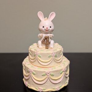 Enesco White Pink Pastel Bunny Cake Figurine with Gold '4'